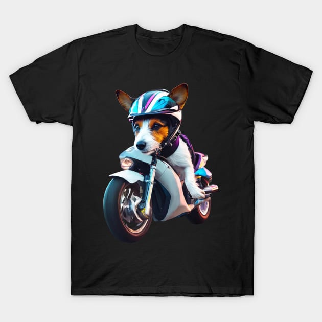 Rasler terrier on a motorbike T-Shirt by Wovenwardrobe